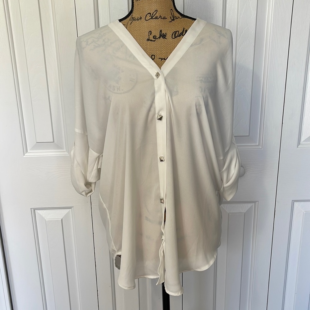 Timing White Cuffed Sleeve Lace Up Back Blouse